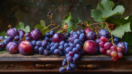 Fototapeta premium Grapes on table with leaves