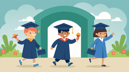 The graduates donning their caps and gowns one last time as they proudly walked through a miniature graduation archway and received their