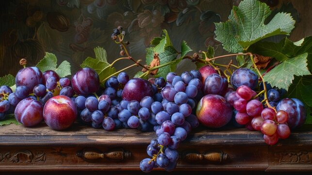 Grapes on table with leaves