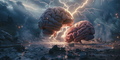 Human brain in the Brainstorm ,Brain in dynamic cloudscape lightning hints at a creative brainstorm  - obrazy, fototapety, plakaty