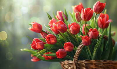 Tulip flowers in wicker basket	