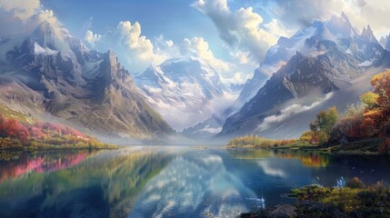 A tranquil lake nestled amidst towering mountains, its pristine surface reflecting the rugged peaks and vibrant sky, creating a breathtaking vista.