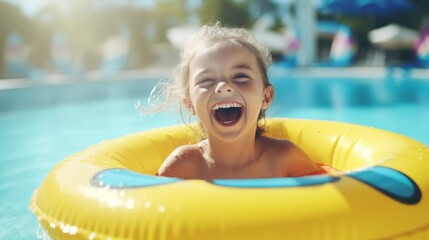 overjoyed laughing smiling exited child in swimming pool floating on swimming ring, Little girl having fun on family summer vacation in tropical hotel resort, tourism.