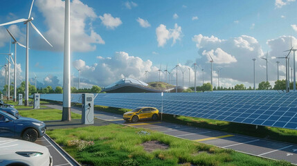 A car is driving down a road next to a solar farm