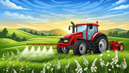Fototapeta premium Agricultural tractor in sunset field infographic banner design for food production industry