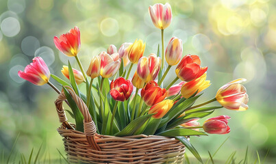 Tulip flowers in wicker basket	