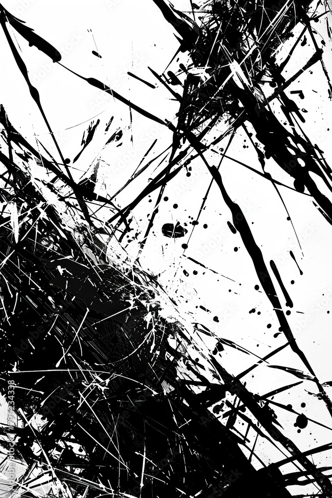 Poster dynamic and energetic, this black ink splatter on white offers an abstract representation of movemen