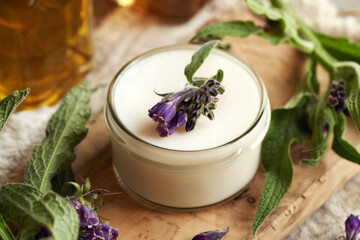 A jar of comfrey ointment with fresh blooming symphytum officinale herb
