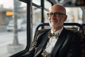 A well-dressed senior man with a bow tie smiles on a public bus
