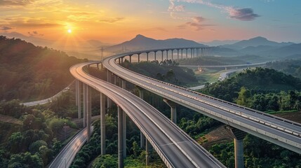 Beautiful highway overpass in motion blur during sunrise with mountain background. AI generated