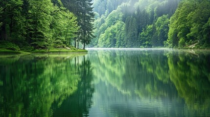 A tranquil lake nestled among towering trees, where the still waters mirror the lush greenery of...