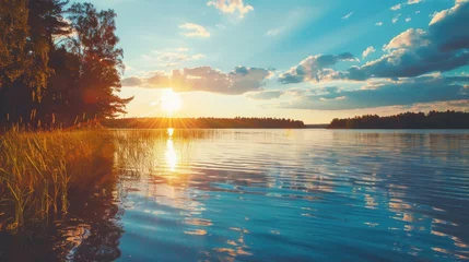  Beautiful nature landscape of sunset at coast lake water reflection. AI generated image © saifur