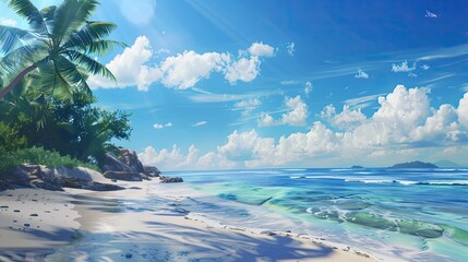 Fototapeta na wymiar Serene Tropical Paradise - Sandy Beach, Crystal-clear Water, and Palm Trees