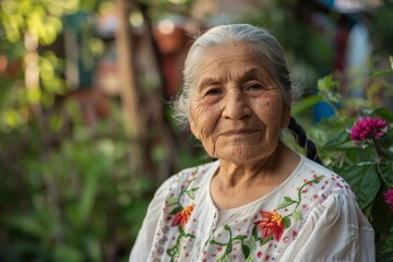 A dignified elderly woman poses with a serene expression in traditional embroidered clothing