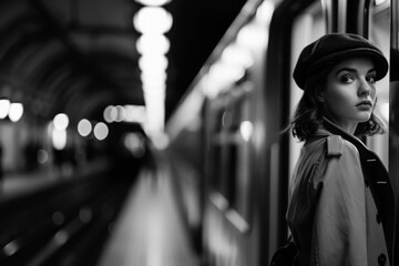In a dramatic black-and-white scene, a stylish woman with a hat stands on a subway platform, exuding timeless elegance