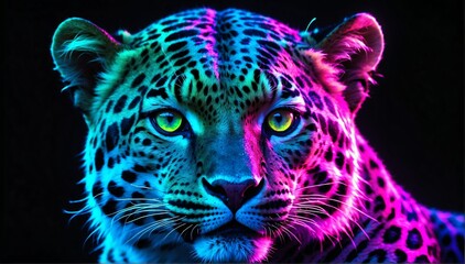 holographic glowing portrait of leopard on black dark background from Generative AI - obrazy, fototapety, plakaty