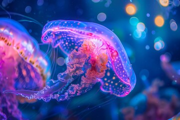 A captivating jellyfish floats in a mesmerizing neon-infused underwater scene, evoking a sense of otherworldly beauty