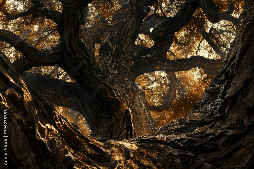 Poster a woman walks on a path surrounded by twisted ancient trees basking in a golden sunlight, invoking a