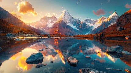Beautiful sunrise view at high mountains with illuminated peak in lake water landscape. AI generated - obrazy, fototapety, plakaty