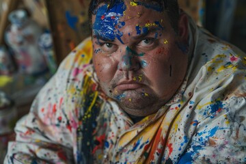 Obraz premium A detailed capture of a color-strewn painter's smock, showcasing the creative process and artistic expression through vibrant splatters
