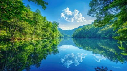 A tranquil lake nestled among towering trees, where the still waters reflect the lush foliage and clear blue sky with pristine clarity.