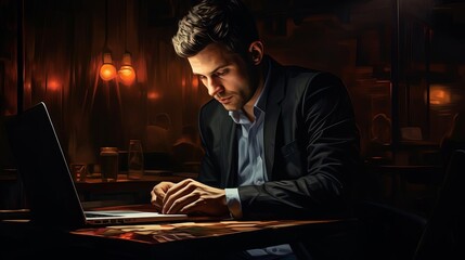 Closeup of a businessman sitting in near darkness, illuminated only by the soft glow of a laptop screen, reflecting a sense of isolation and latenight work