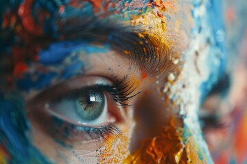 Striking abstract image focusing on an artist's eye, masterfully obscured by vibrant brush strokes