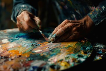 Artistic hands precisely controlling a palette knife over a canvas, immersed in the detail of oil painting - obrazy, fototapety, plakaty