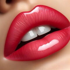 close up of lips with red lipstick, romance, kiss concept of girl with shinning background