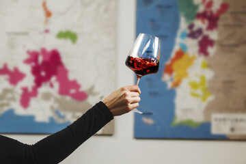 Sommelier Assessing Red Wine Quality Against Backdrop of Wine Region Maps