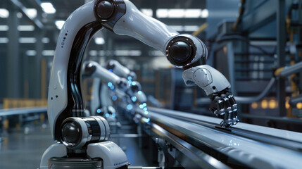 A robot is working on a conveyor belt in a factory