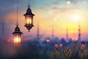 Fototapeta na wymiar Modern Ramadan Kareem sky outdoors lighting.