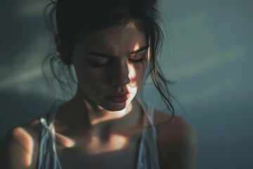 The photo captures the subtle play of shadows and light on a woman's shoulder - obrazy, fototapety, plakaty