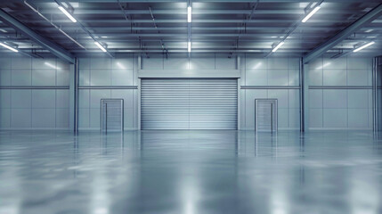 A large, empty warehouse with a silver door