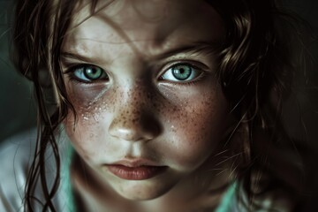 Stunning image of a child with deep blue eyes and freckles, capturing a sense of innocence and wonder
