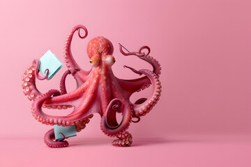 A meticulous octopus as a multitasking office manager, juggling several tasks, set against a productivity pink background with copy space on the left, representing efficiency and versatility