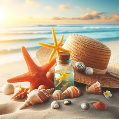 Summer vacation with sunny beach days complete with seashells, starfish and orange juice.
