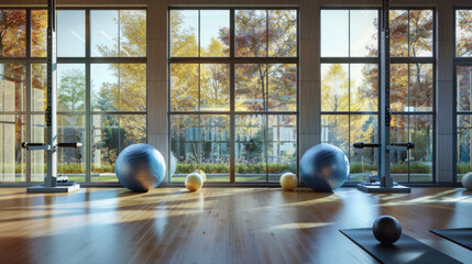A gym with two sets of exercise equipment and two sets of exercise balls