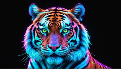 holographic glowing portrait of tiger on black dark background from Generative AI