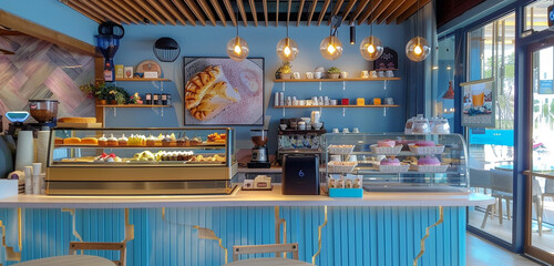 Coastal-themed Korean cafe, ocean blue, lavender counter, enticing cakes, pro espresso machine.