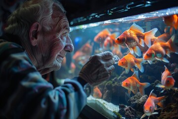 A serene scene with a senior individual nourishing vibrant goldfish in a clear aquarium,...