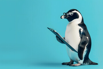 A poised penguin as a public relations manager, with a clipboard and wearing glasses, set against a media relations icy blue background, exemplifying professionalism and cool under pressure