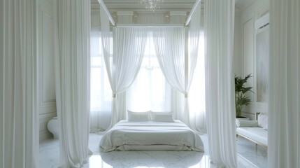 Fototapeta premium Elegant Neoclassical bedroom with white flowing curtains and bright natural light