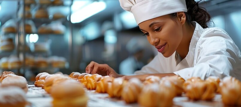 A young woman pastry chef baking sweet bakery treats in a bright pastry shop with space for text