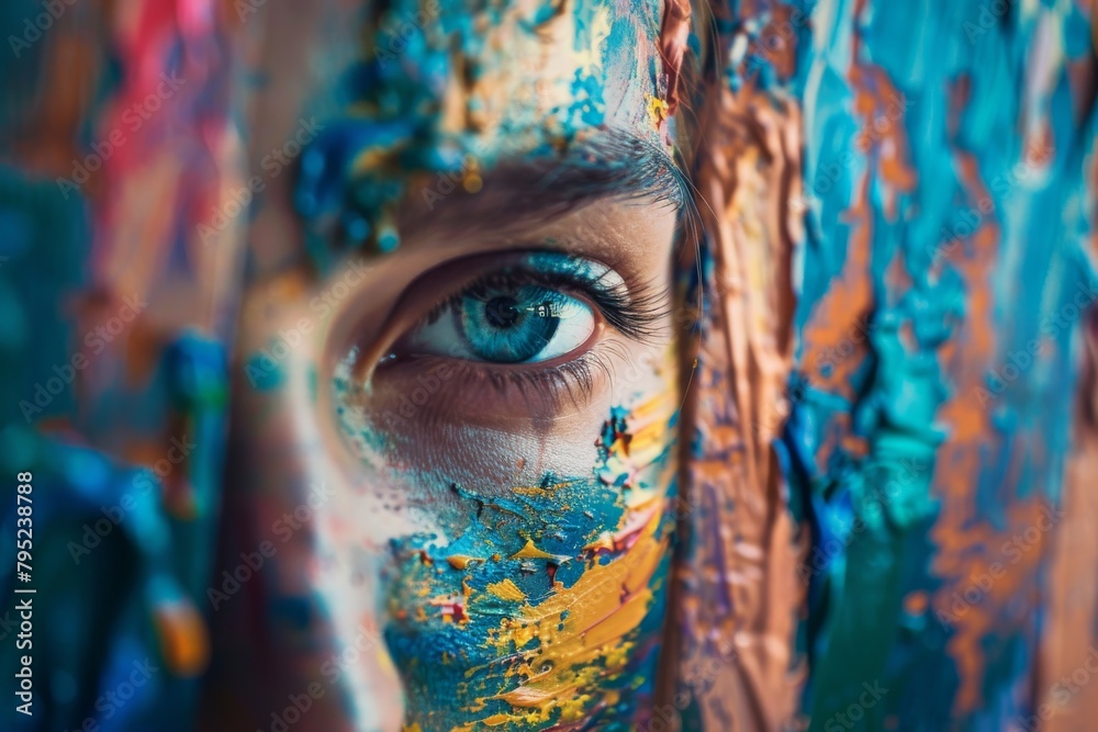 Poster A close-up view of a reflective surface with a fluid, abstract texture in shades of blue and brown suggestive of artistic depth