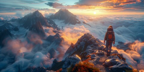 Celestial Ascent: A Lone Wanderer's Quest Amidst the Surreal Glow of Sunset-Infused Clouds