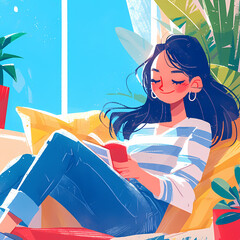 Warmly Illustrated Scene Featuring Happy Young Adult Female Reader at Home