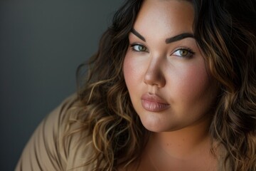 Fototapeta premium A close-up portrait of a confident plus-size woman with beautiful makeup and curly hair against a neutral background