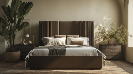 Aesthetic bed in a contemporary setting, featuring a sleek upholstered headboard