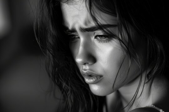 A black and white close-up shows a woman looking away with a contemplative expression, her hair tousled
